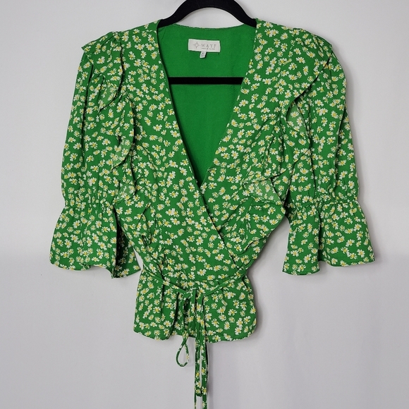 Wayf Tops - WAYF Floral Ruffle Peplum Wrap Blouse - Small